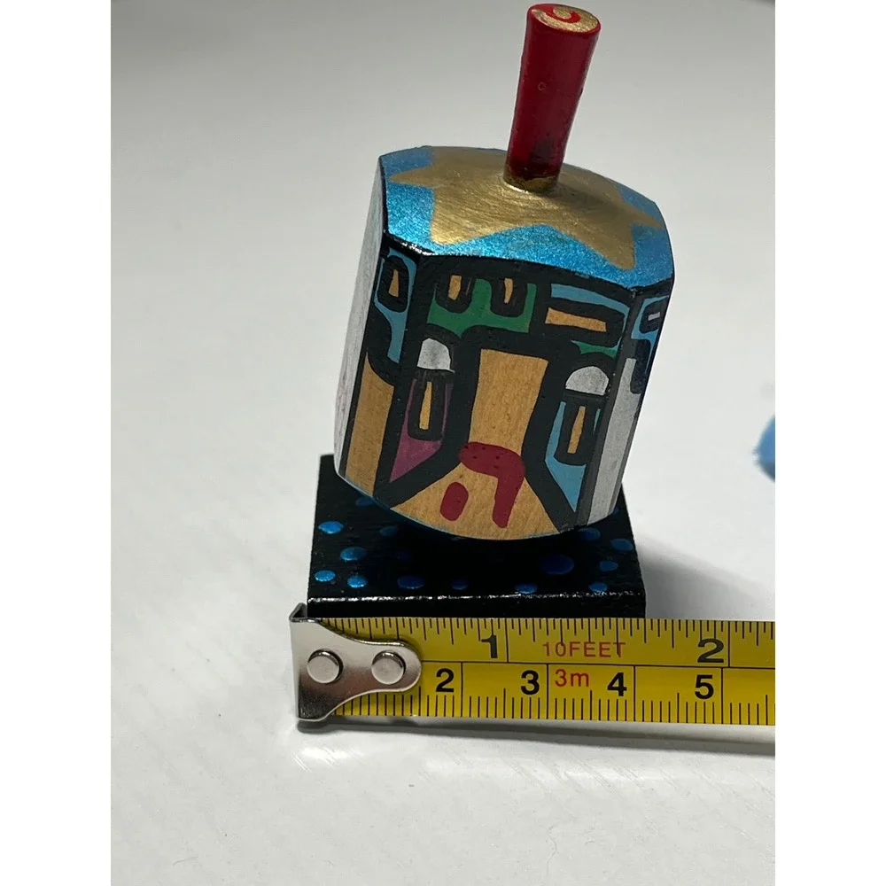 Hand Painted Wooden Dreidel Signed NN Judaica Folk Art Collectible Display Stand